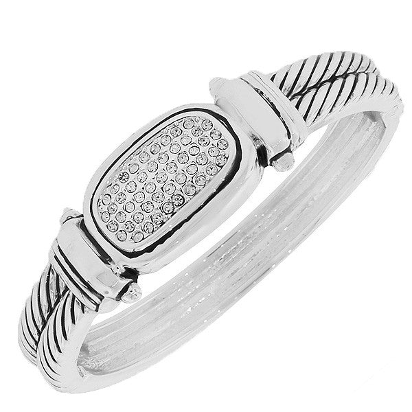 Fashion Alloy White CZ Vintage-Look Silver-Tone Bangle Bracelet