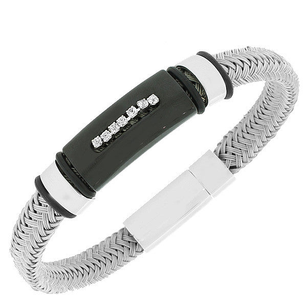 Stainless Steel and Alloy White CZ  Black Silver-Tone Men's Bracelet