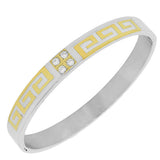 Stainless Steel White CZ Two-Tone Greek Key Bangle Bracelet