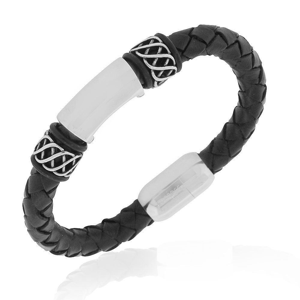 EDFORCE Stainless Steel Black Leather Silver-Tone Wristband Mens Bracelet, 8"