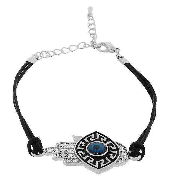 Fashion Alloy White CZ Blue Evil Eye Hamsa Black Cord Adjustable Bracelet