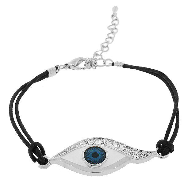 Fashion Alloy White CZ Blue Evil Eye Black Cord Adjustable Bracelet