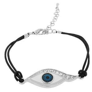 Fashion Alloy White CZ Blue Evil Eye Black Cord Adjustable Bracelet