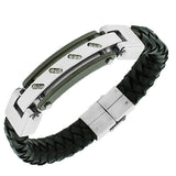 Stainless Steel Black Leather Silver-Tone White CZ Men's Bracelet
