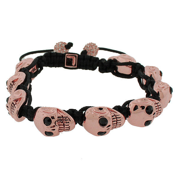 Fashion Alloy Rose Gold-Tone Black White CZ Skull Beaded Adjustable Men's Bracelet