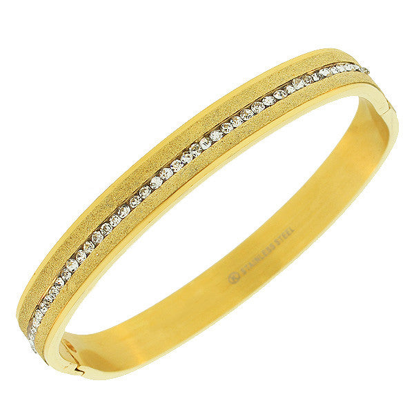 Stainless Steel Yellow Gold-Tone Glitter White CZ Bangle Bracelet