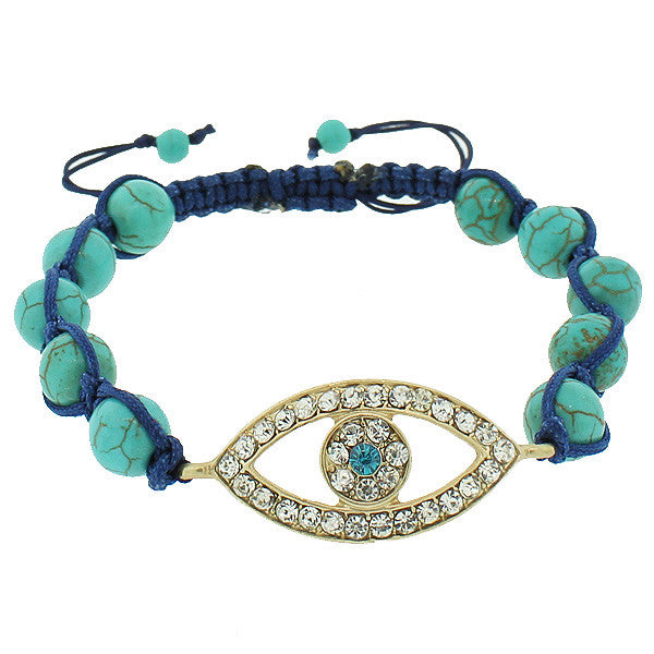 Fashion Alloy Simulated Green Yellow Gold-Tone Evil Eye White Blue CZ Bracelet