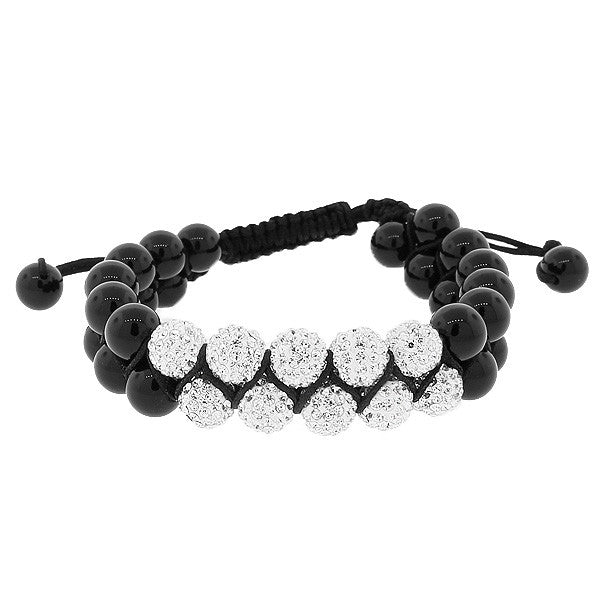 Black White CZ Ball Double Row Beaded Adjustable Macrame Bracelet