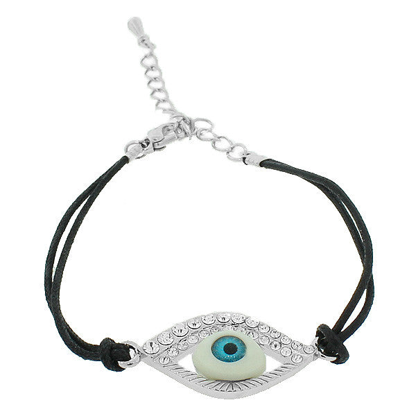 Fashion Alloy White CZ Blue Evil Eye Black Cord Adjustable Bracelet