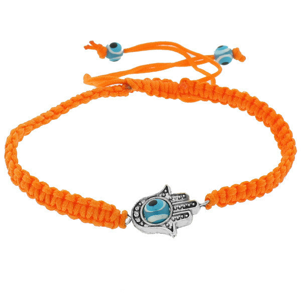 Fashion Alloy Neon Orange Cord Blue Evil Eye Hamsa Adjustable Macrame Bracelet