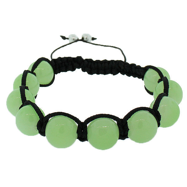 Green Simulated Jade Ball Black Cord Adjustable Beaded Macrame Bracelet