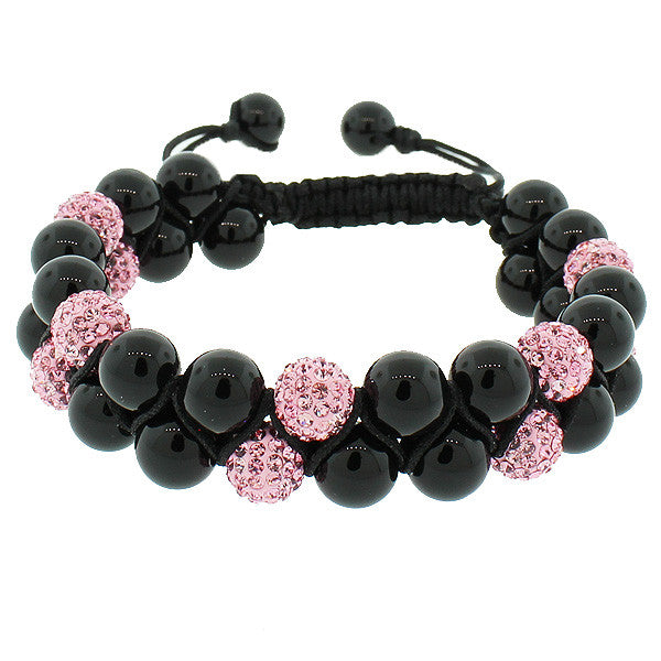 Black Pink CZ Ball Double Row Beaded Adjustable Macrame Bracelet