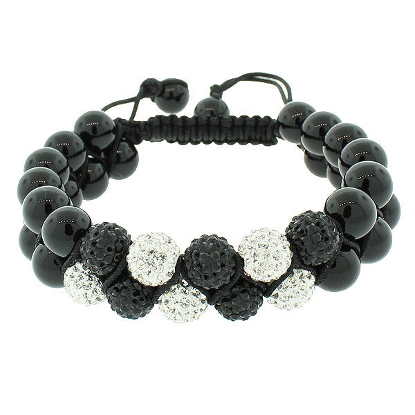 Black White CZ Ball Double Row Beaded Adjustable Macrame Bracelet