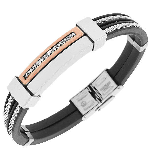 Stainless Steel Black Rubber Silicone Silver-Tone Rose Gold-Tone Twisted Cable Men's Bracelet