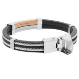 Stainless Steel Black Rubber Men's Dual-Tone Twisted Cable Clasp Bracelet