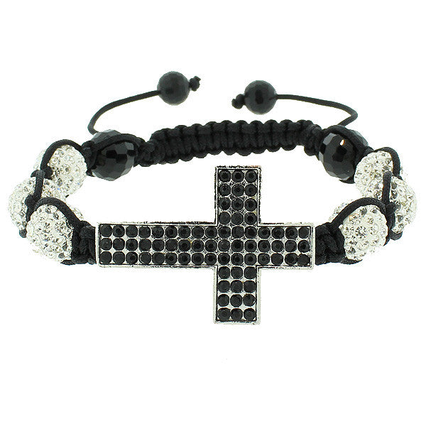 Fashion Alloy White Black CZ Ball Latin Cross Adjustable Beaded Macrame Bracelet