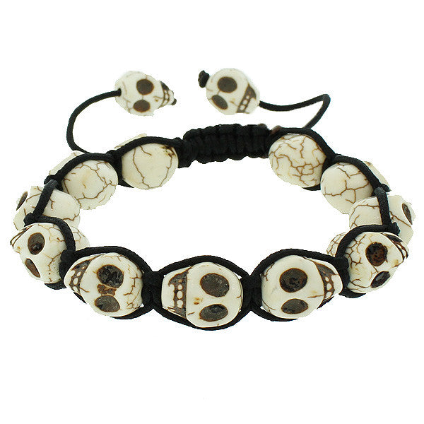 White Brown Skull Black Cord Macrame Beaded Adjustable Men's Bracelet