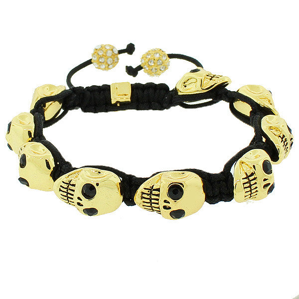 Fashion Alloy Yellow Gold-Tone White Black CZ Skull Beaded Adjustable Men's Bracelet