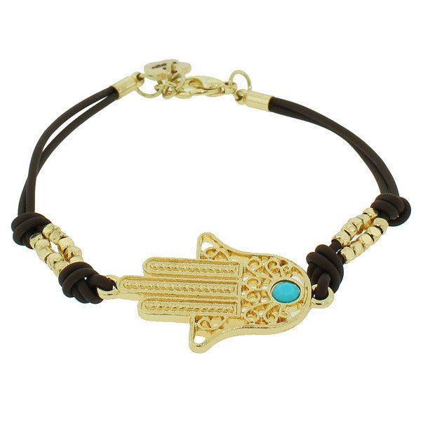 Fashion Alloy Yellow Gold-Tone Brown Cord Blue Evil Eye Hamsa Adjustable Bracelet