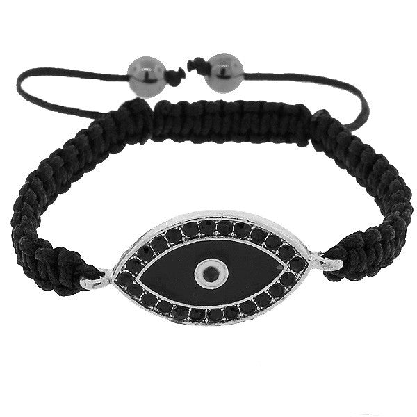 Fashion Alloy Black CZ Silver-Tone Evil Eye Macrame Adjustable Bracelet