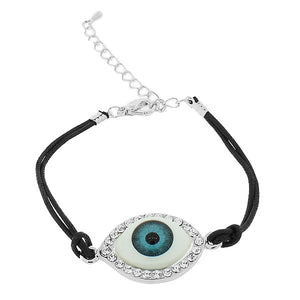 Fashion Alloy Silver-Tone White CZ Evil Eye Black Cord Adjustable Bracelet
