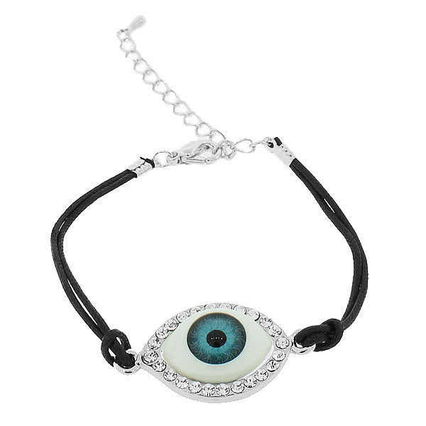 Fashion Alloy Silver-Tone White CZ Evil Eye Black Cord Adjustable Bracelet
