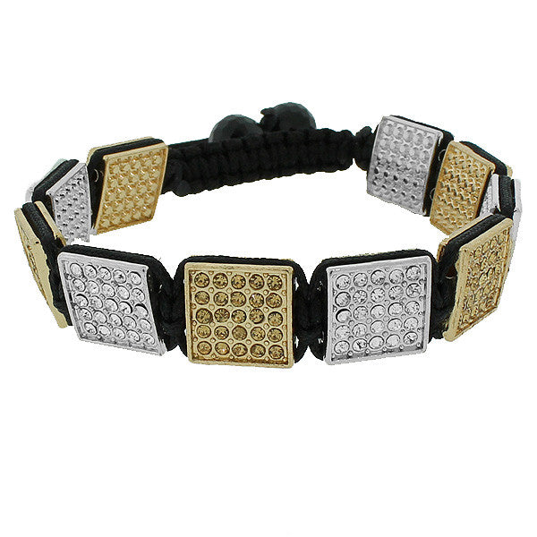 Fashion Alloy White Yellow CZ Black Cord Macrame Beaded Square Adjustable Bracelet