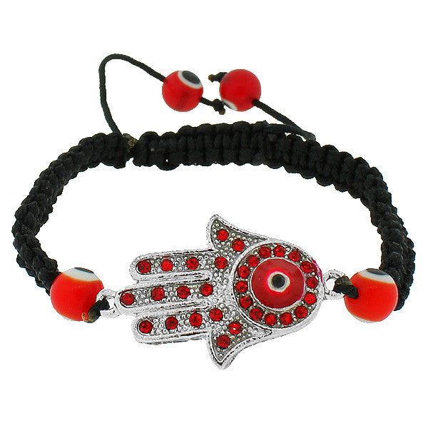 Fashion Alloy Red CZ Silver-Tone Hamsa Evil Eye Black Cord Macrame Bracelet