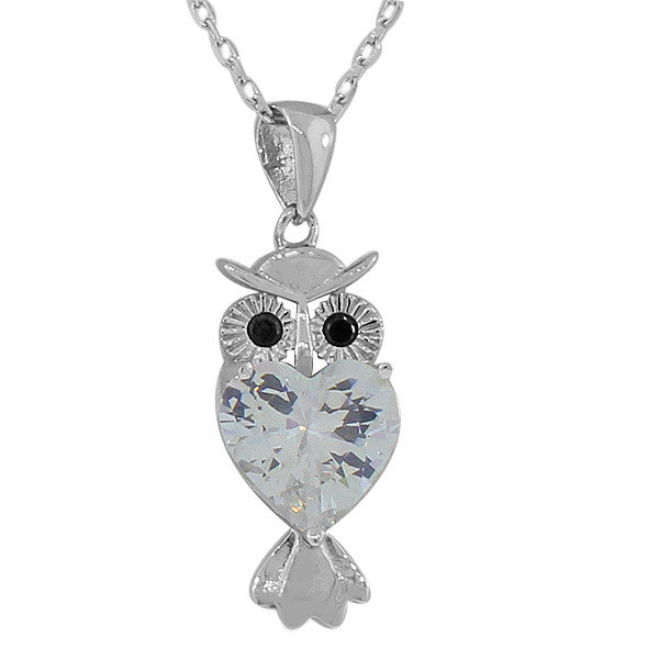 925 Sterling Silver Love Heart CZ Black White Owl Pendant Necklace