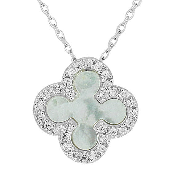 925 Sterling Silver White Mother-of-Pearl Flower Link Chain Pendant