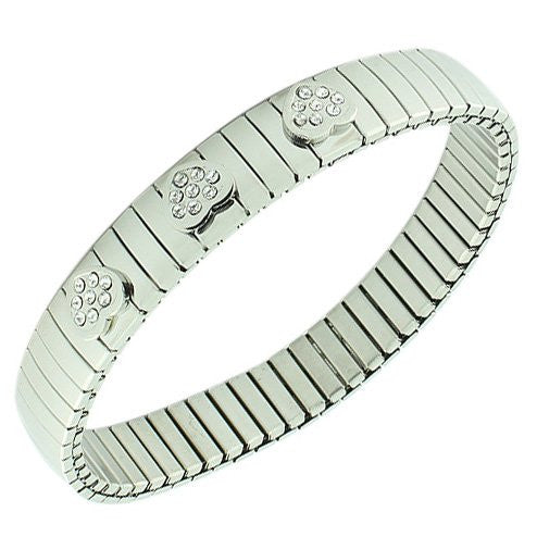 Stainless Steel Silver-Tone White CZ Love Heart Stretch Bangle Bracelet
