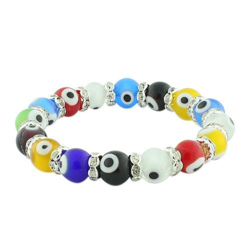 Fashion Alloy Multicolor Ball Evil Eye White CZ Beaded Stretch Bangle Bracelet