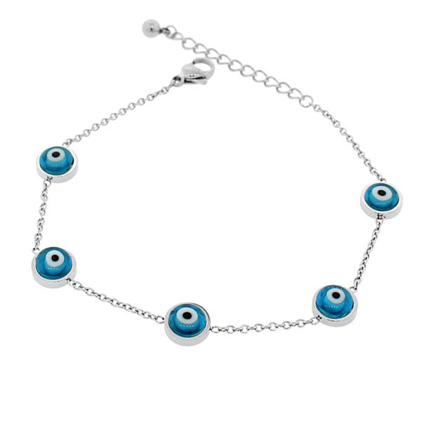 EDFORCE Stainless Steel Blue Silver-Tone Evil Eye Link Chain Adjustable Bracelet