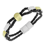 Stainless Steel Black Leather Two-Tone Braided Men's Bracelet