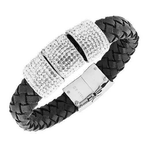 Stainless Steel Black Leather White CZ Men's Bracelet