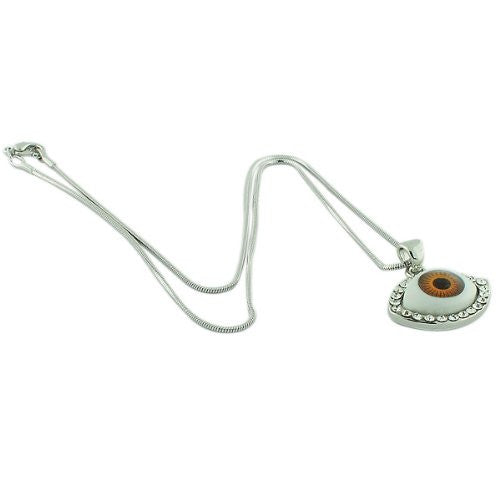 Fashion Alloy Silver-Tone Brown Evil Eye White CZ Pendant Necklace