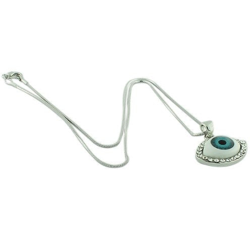 Fashion Alloy Silver-Tone Blue Evil Eye White CZ Pendant Necklace