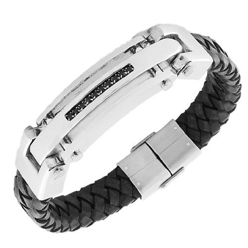 Stainless Steel Black Leather Black CZ Silver-Tone Men's Bracelet