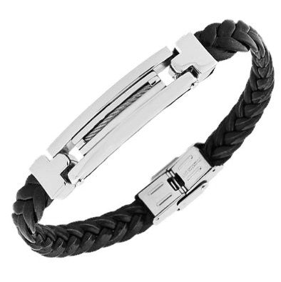 Stainless Steel Black Faux PU Leather Silver-Tone Braided Twisted Cable Men's Bracelet