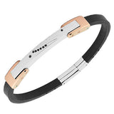 Stainless Steel Black Rubber Silicone Silver-Tone Rose Gold-Tone CZ Men's Bracelet