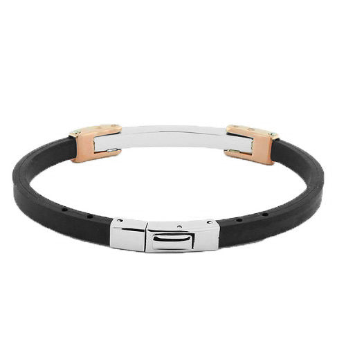 Stainless Steel Black Rubber Silicone Silver-Tone Rose Gold-Tone CZ Men's Bracelet