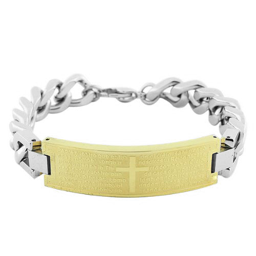 Stainless Steel Two-Tone Link Chain Religious Cross Spanish Prayer Men's Bracelet