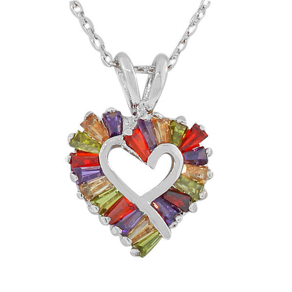 925 Sterling Silver Love Heart Charm Multicolor CZ Pendant Necklace