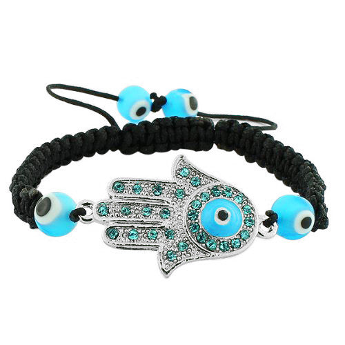 Fashion Alloy Blue CZ Silver-Tone Hamsa Evil Eye Black Cord Macrame Bracelet