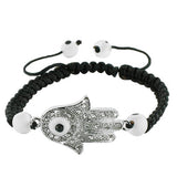 Fashion Alloy White CZ Silver-Tone Hamsa Evil Eye Black Cord Macrame Bracelet