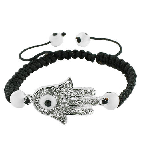 Fashion Alloy White CZ Silver-Tone Hamsa Evil Eye Black Cord Macrame Bracelet