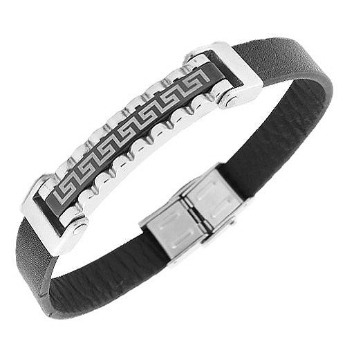 Stainless Steel Black Faux PU Leather Greek Key Silver-Tone Men's Bracelet