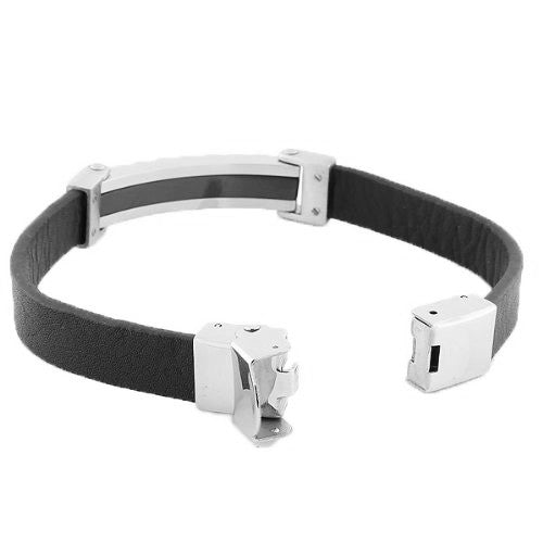Stainless Steel Black Leather Greek Key Silver-Tone Men's Bracelet