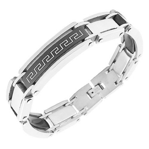 Stainless Steel Black Silver-Tone Greek Key Link Chain Men's Bracelet