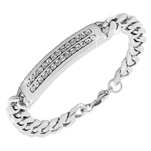 Stainless Steel Silver-Tone White CZ Link Chain Men's Bracelet